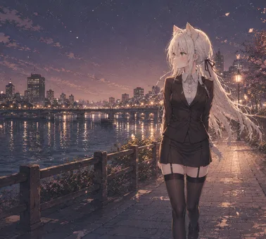 Haku walking a riverside promenade at night, city skyline across the water