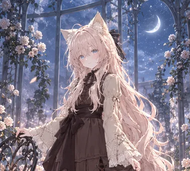 Haku under a crescent moon in a rose-covered gazebo