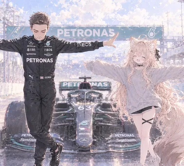 Haku with a friend at an F1 race, Mercedes-Petronas pit wall behind them